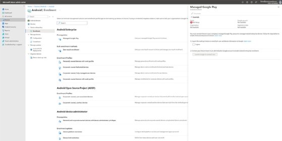 The Android page on the Intune admin center portal.
