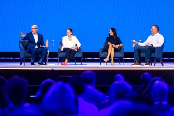 A customer panel at Workday Rising with, from left, Alan Murray, Fortune Media; Bobbie Byrne, Advocate Aurora Health; Lisa Chang, Coca-Cola Co.; and Michael Conway, Brown & Brown Insurance