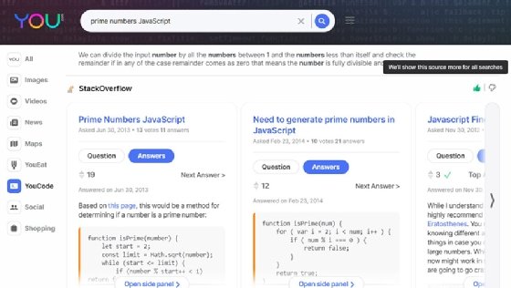 YouCode returns useful code snippets