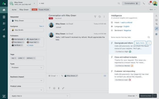 Screenshot of Zendesk's intelligent AI-supported tool analyzing customer intent and sentiment, and its suggested response
