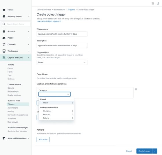 Screenshot of the new object trigger tool in Zendesk's agent workspace.