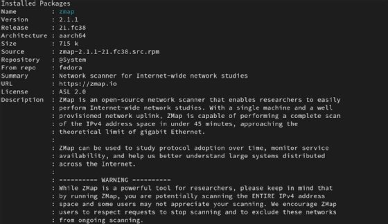 Screenshot of the installed packages screen in ZMap