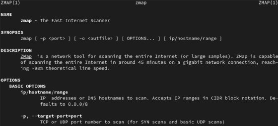 Screenshot of the ZMap man pages.