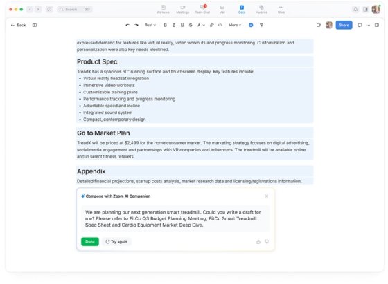 Zoom's generative AI tool, AI Companion, drafting a marketing plan in Zoom Docs.