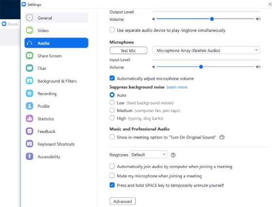 Screenshot of setting up the Zoom push-to-talk feature