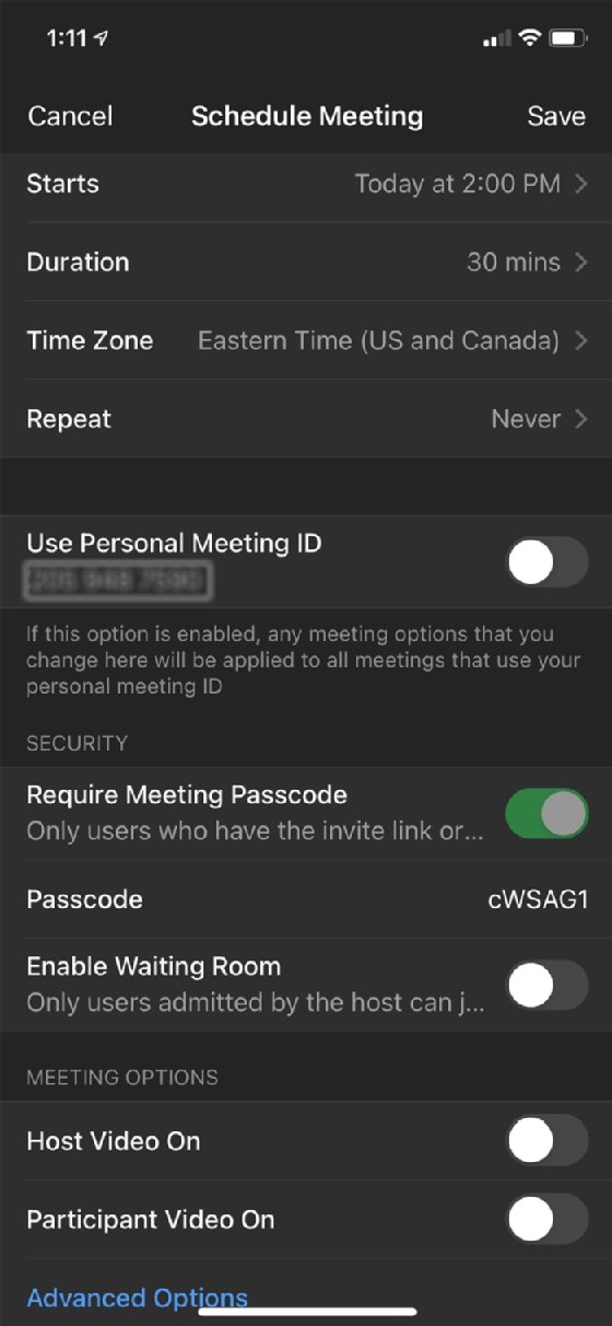 Screenshot of how to schedule a Zoom meeting from mobile app