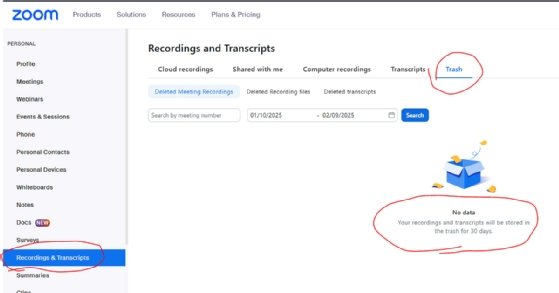 A screenshot of Zoom cloud recordings trash folder.