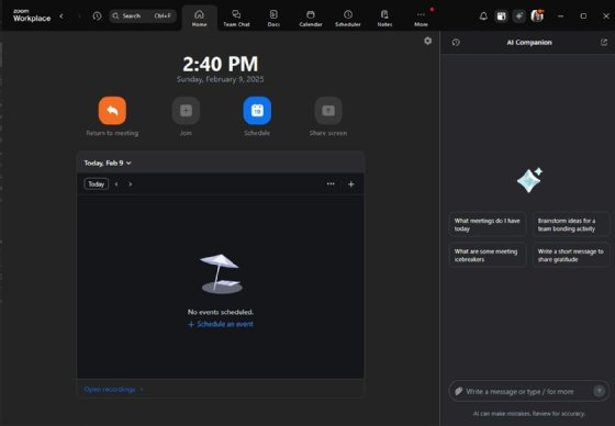 A screenshot of the Zoom Workplace home screen.