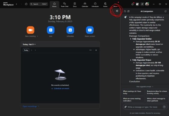 A screenshot of the Zoom Workplace app home tab and settings button.