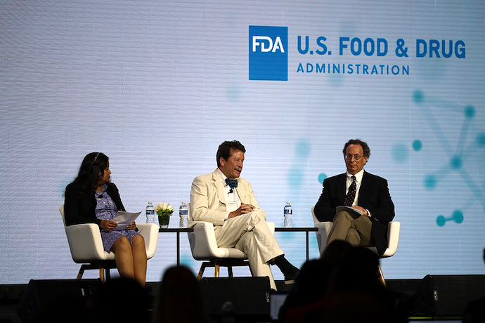 Left to right: Tazeen Ahmad, Managing Director of Global Research at BoA Securities; Robert M. Califf, MD, FDA Commissioner; and Lindsey Baden, MD, VP of Clinical Research, BWH, and Professor, HMS
